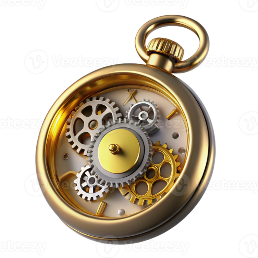 serene rustic impressive traditional A close-up of a steampunk pocket watch, intricate gold and silver gears visible through a crystal face, roman numerals, lit by bright, white light 4K original png