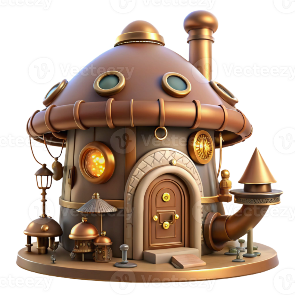 serene contemporary elegant classic A whimsical steampunk mushroom house, intricate copper and brass details, gears and pipes adorning the roof, lit by warm, fairy light authentic professional png