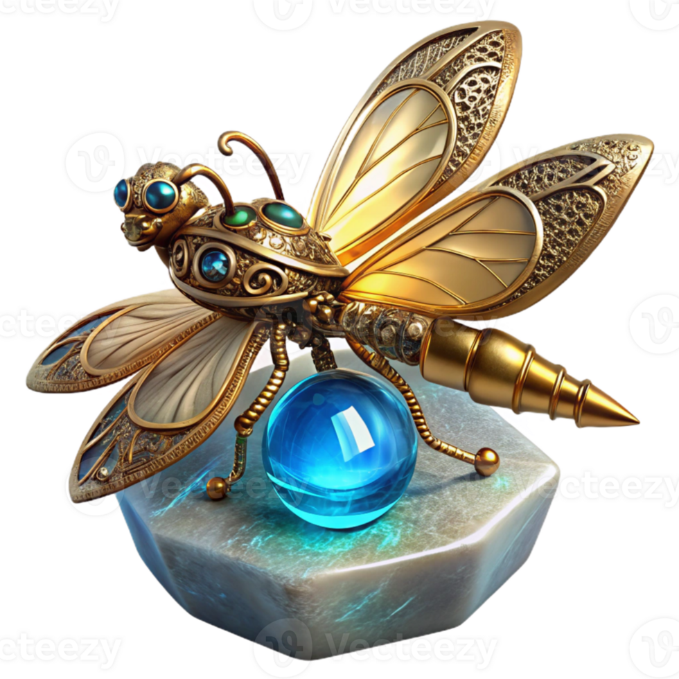 impressive artistic impressive contemporary A delicate steampunk dragonfly crafted from filigree brass and gears, perched on a glowing crystal, illuminated by soft, blue light authentic high quality png