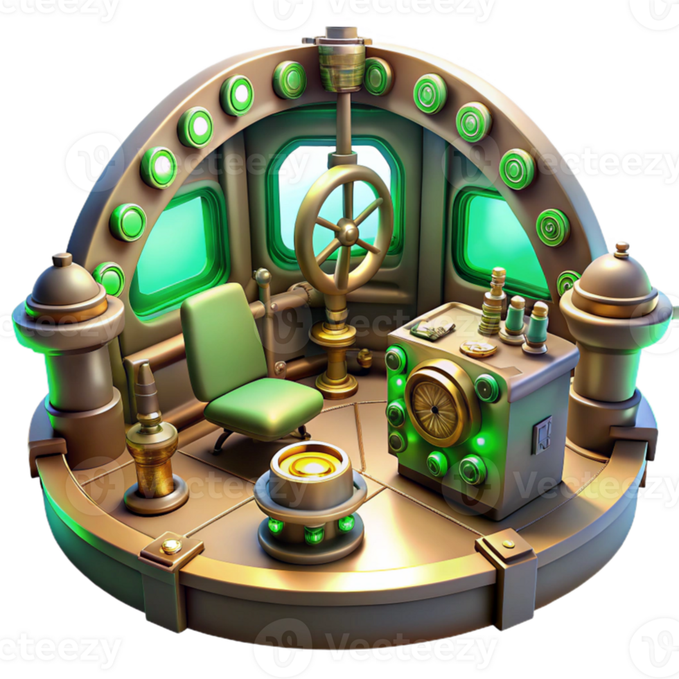 wonderful classic beautiful minimalist A scene inside a steampunk airship control room, filled with levers, dials, and glowing vacuum tubes, illuminated by flickering green lights premium exclusive png