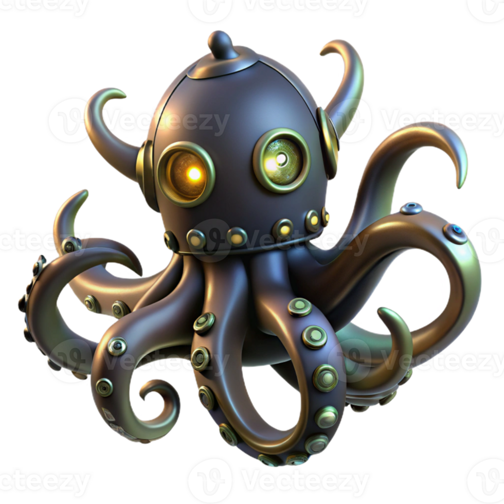 stunning creative magnificent classic A steampunk octopus with brass tentacles and glowing eyes, swirling through an inky black sea, illuminated by bioluminescent algae original premium png