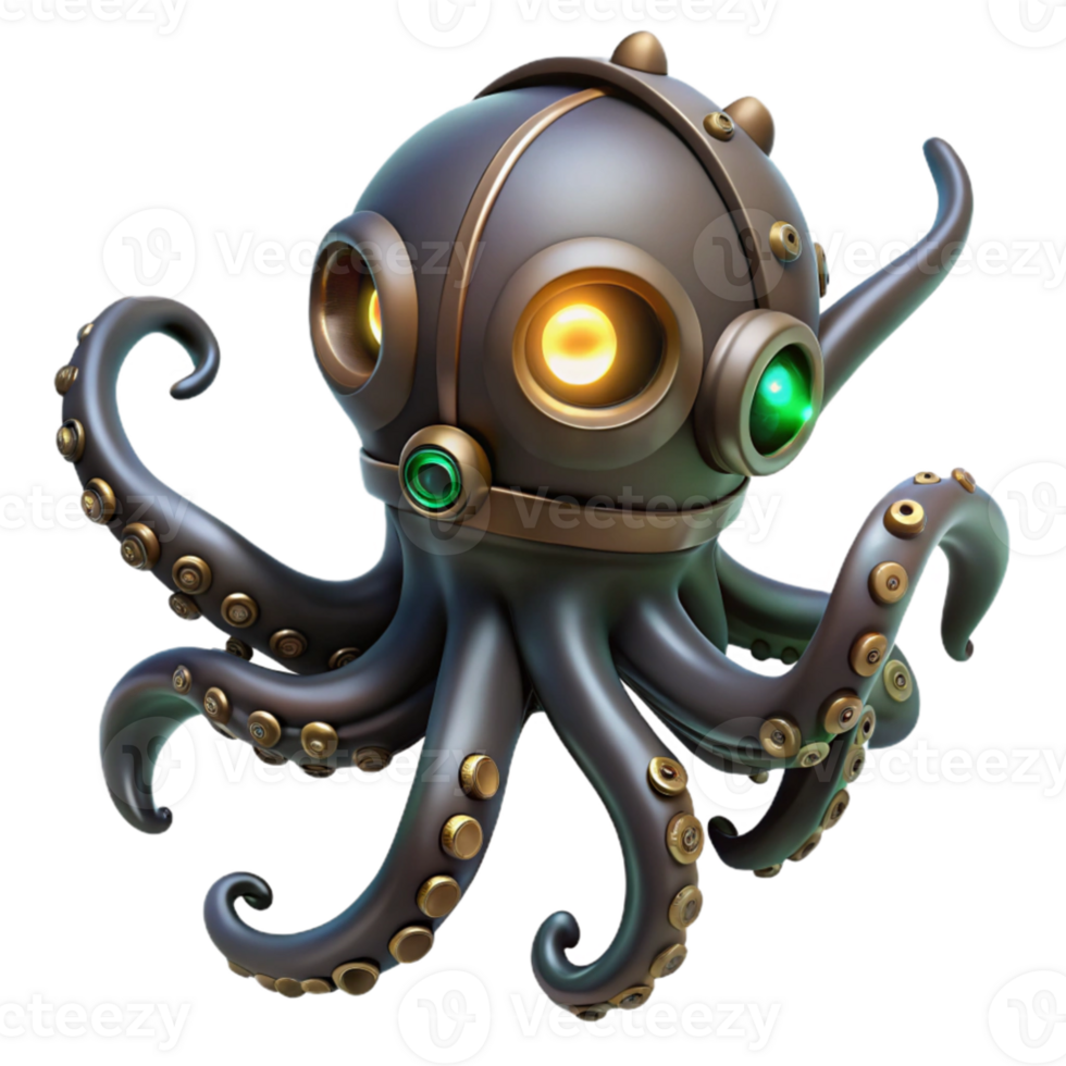 magnificent traditional extraordinary minimalist A steampunk octopus with brass tentacles and glowing eyes, swirling through an inky black sea, illuminated by bioluminescent algae 4K 4K png