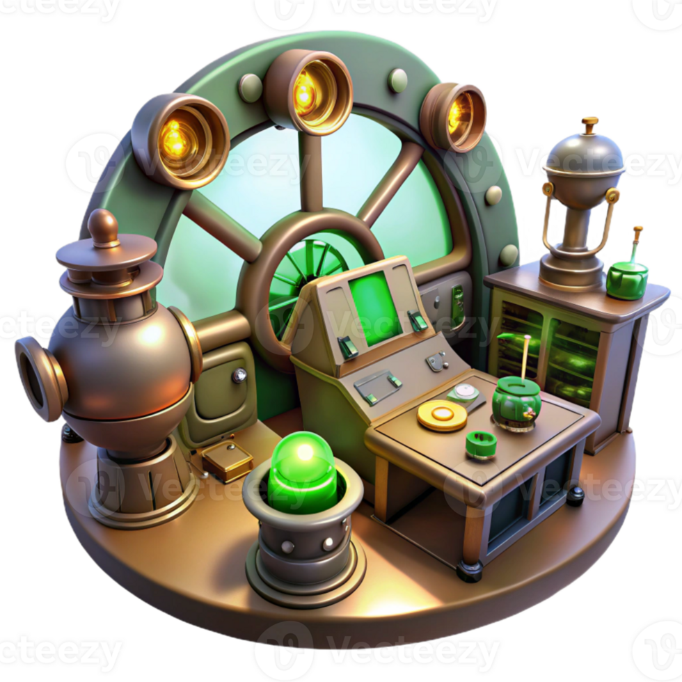 wonderful rustic extraordinary abstract A scene inside a steampunk airship control room, filled with levers, dials, and glowing vacuum tubes, illuminated by flickering green lights 4K detailed png
