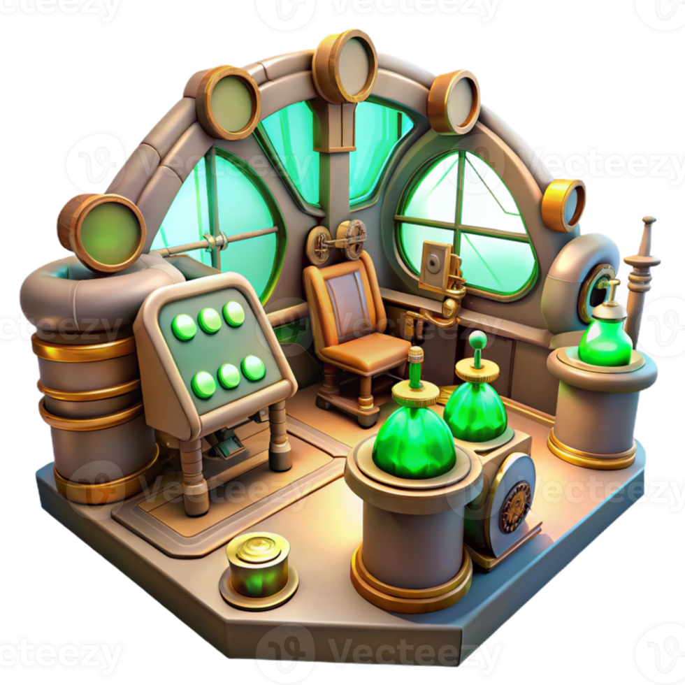 magnificent rustic serene minimalist A scene inside a steampunk airship control room, filled with levers, dials, and glowing vacuum tubes, illuminated by flickering green lights genuine 4K png