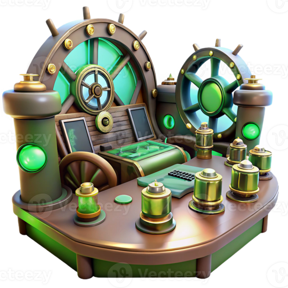 dramatic artistic elegant classic A scene inside a steampunk airship control room, filled with levers, dials, and glowing vacuum tubes, illuminated by flickering green lights original high quality png