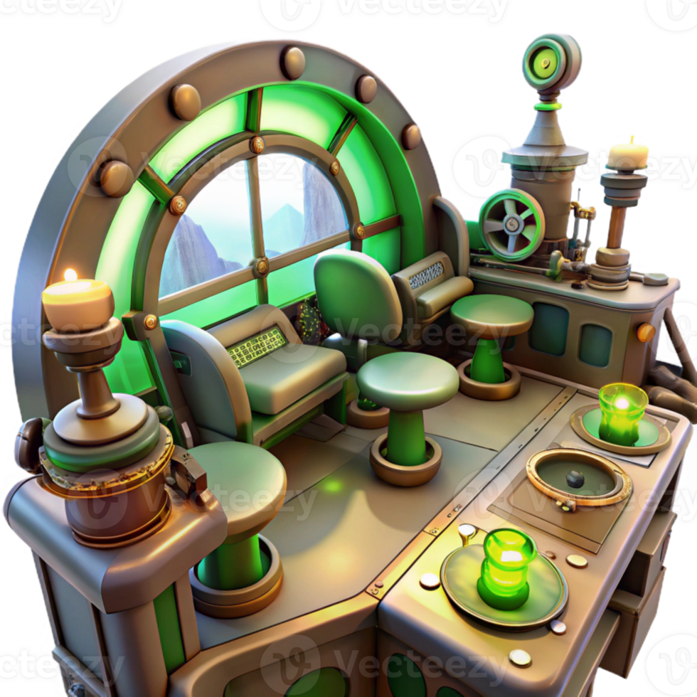 impressive rustic stunning contemporary A scene inside a steampunk airship control room, filled with levers, dials, and glowing vacuum tubes, illuminated by flickering green lights 4K exclusive png