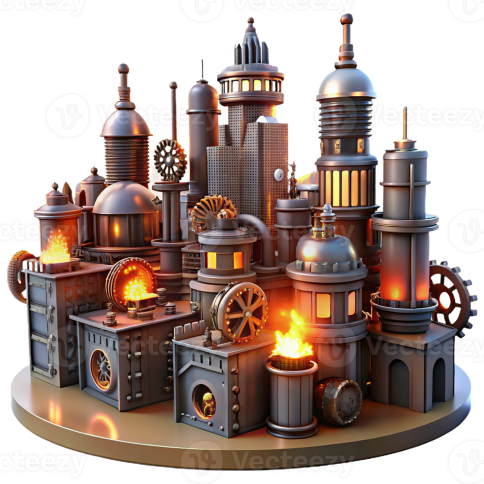 extraordinary creative magnificent modern A steampunk cityscape, with towering buildings adorned with gears, pipes, and glowing orbs, illuminated by a fiery sunset authentic high resolution png