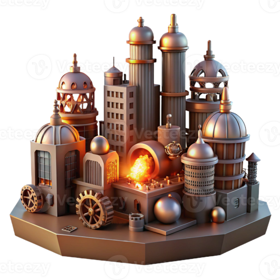 wonderful contemporary impressive contemporary A steampunk cityscape, with towering buildings adorned with gears, pipes, and glowing orbs, illuminated by a fiery sunset detailed exclusive png