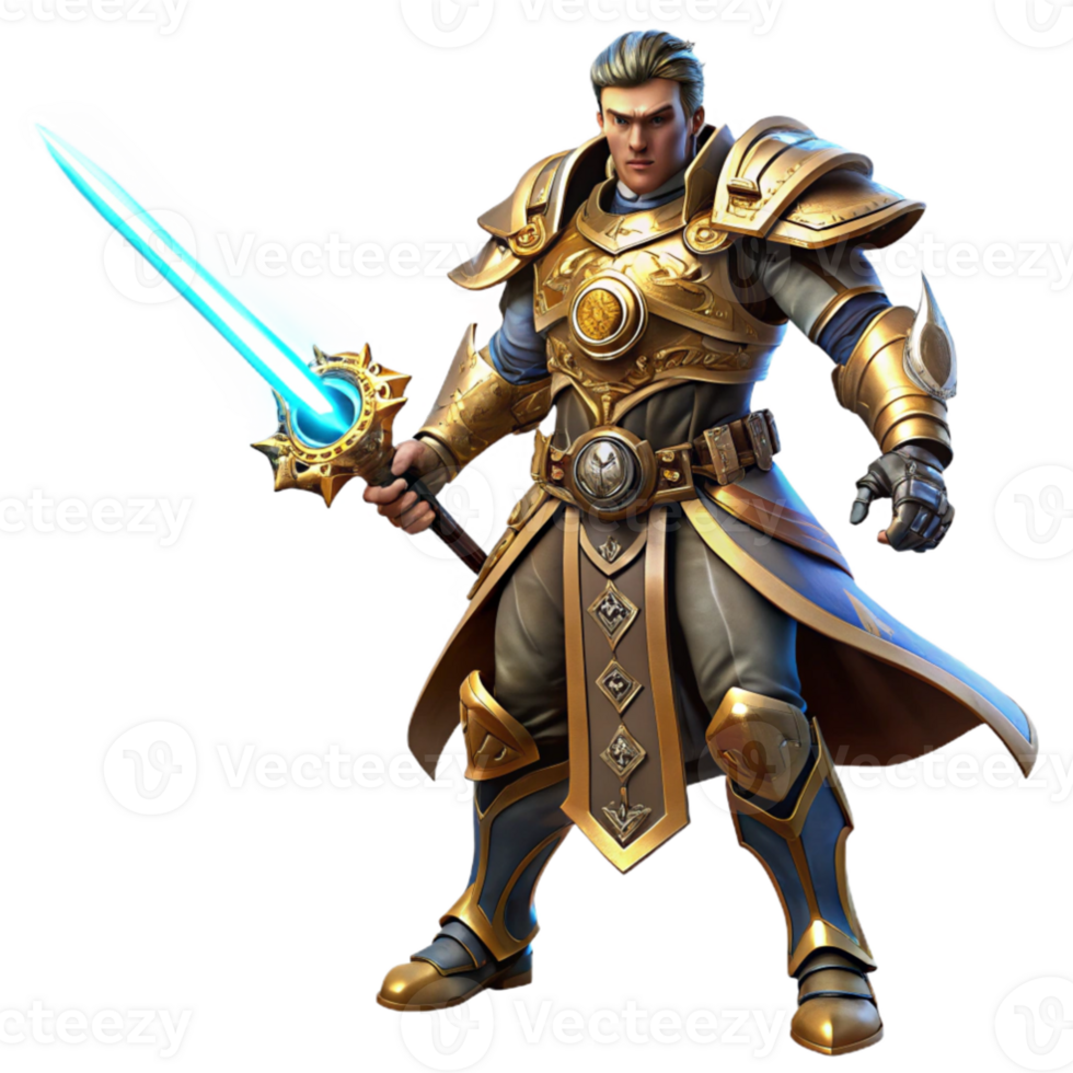 beautiful creative serene classic A steampunk warrior in ornate armor, wielding a glowing energy sword, illuminated by dramatic lighting against a dark background high quality 4K png