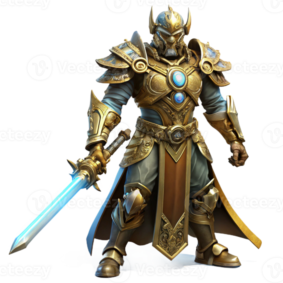 magnificent artistic wonderful creative A steampunk warrior in ornate armor, wielding a glowing energy sword, illuminated by dramatic lighting against a dark background premium high quality png