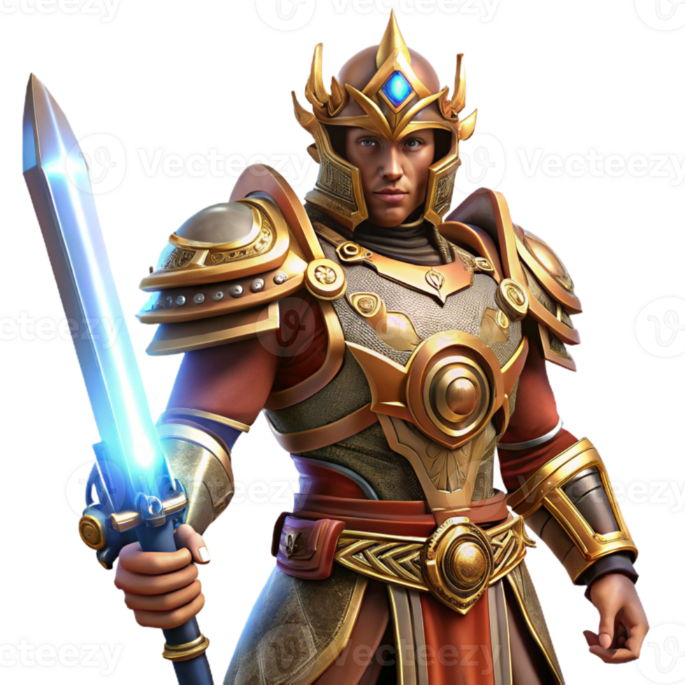 stunning rustic vibrant traditional A steampunk warrior in ornate armor, wielding a glowing energy sword, illuminated by dramatic lighting against a dark background genuine premium png