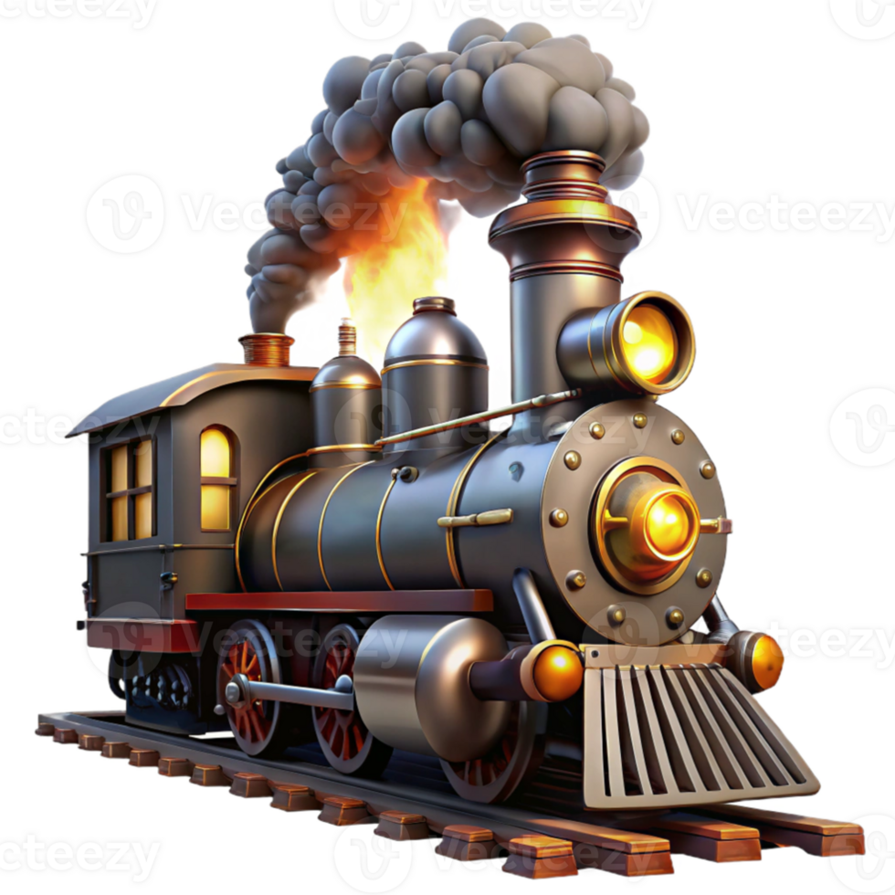 beautiful creative stunning contemporary A steampunk train engine, billowing steam and smoke, its headlights piercing the darkness, illuminated by sparks and embers authentic exclusive png