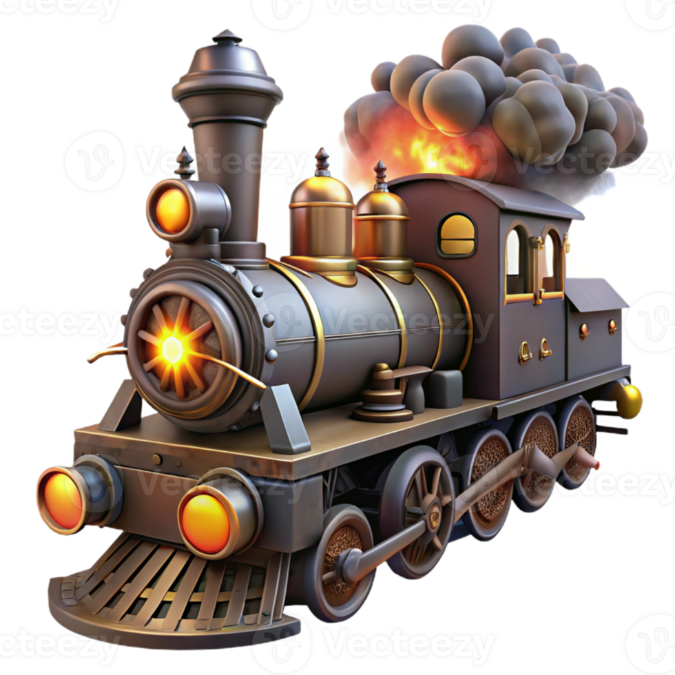 elegant modern serene contemporary A steampunk train engine, billowing steam and smoke, its headlights piercing the darkness, illuminated by sparks and embers professional premium png