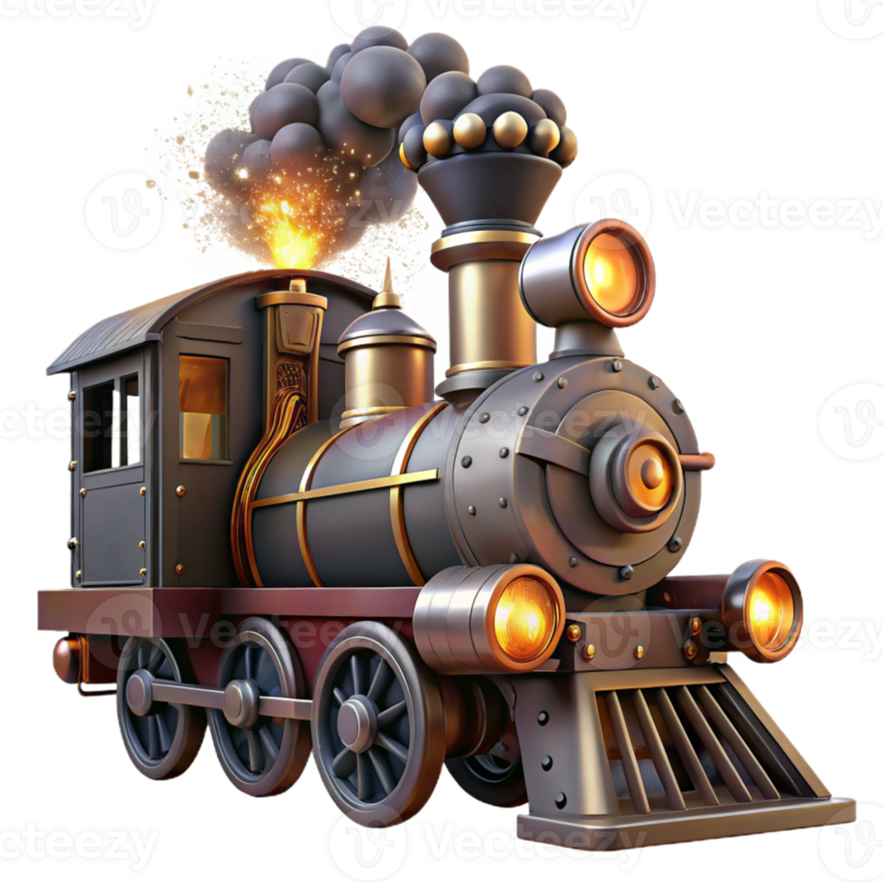 vibrant artistic vibrant creative A steampunk train engine, billowing steam and smoke, its headlights piercing the darkness, illuminated by sparks and embers high quality 4K png