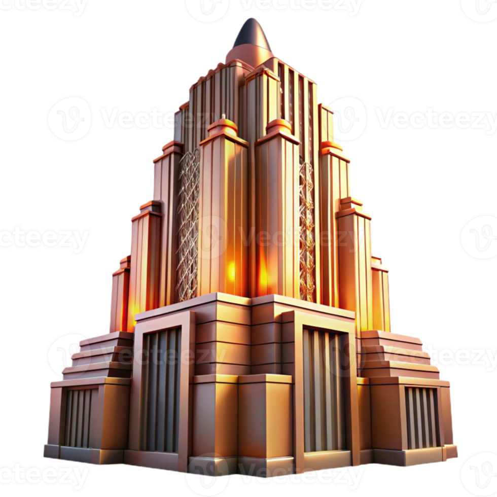 serene abstract vibrant creative Art Deco skyscraper, intricate geometric facade, chrome accents, bathed in the warm glow of a sunset, highly polished, ray tracing, high quality 4K png