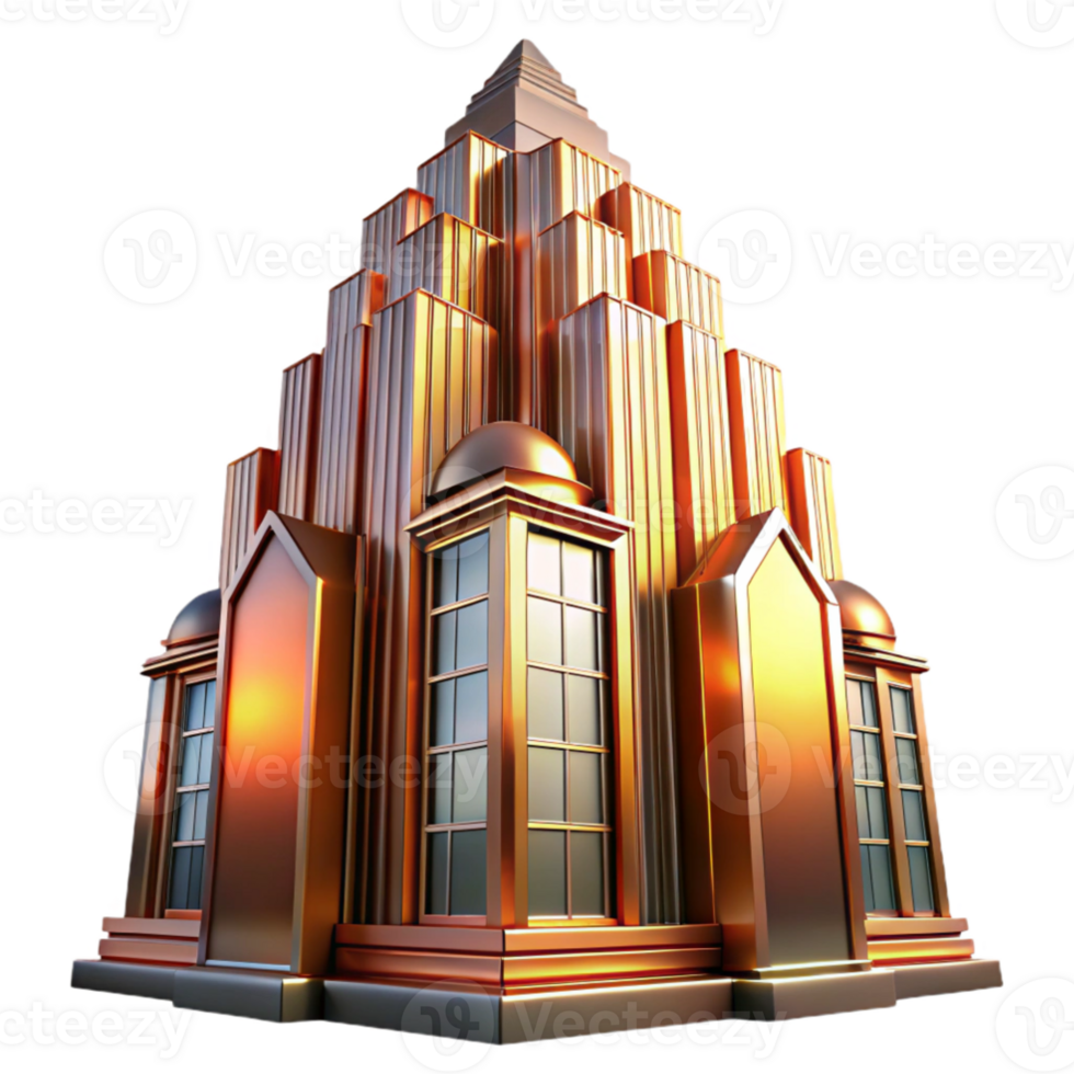 magnificent artistic extraordinary vintage Art Deco skyscraper, intricate geometric facade, chrome accents, bathed in the warm glow of a sunset, highly polished, ray tracing, detailed high resolution png