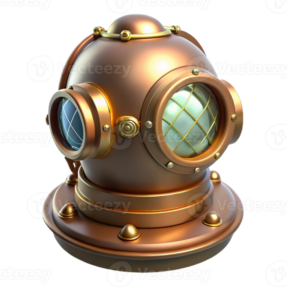 dramatic artistic vibrant abstract A steampunk diver's helmet, its glass faceplate reflecting a mysterious underwater world, illuminated by a single beam of light professional authentic png