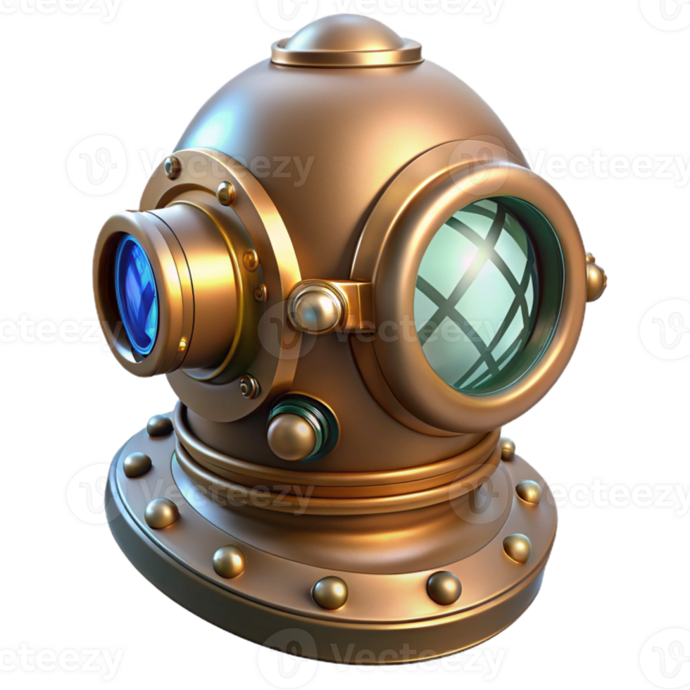 magnificent creative impressive modern A steampunk diver's helmet, its glass faceplate reflecting a mysterious underwater world, illuminated by a single beam of light professional 4K png