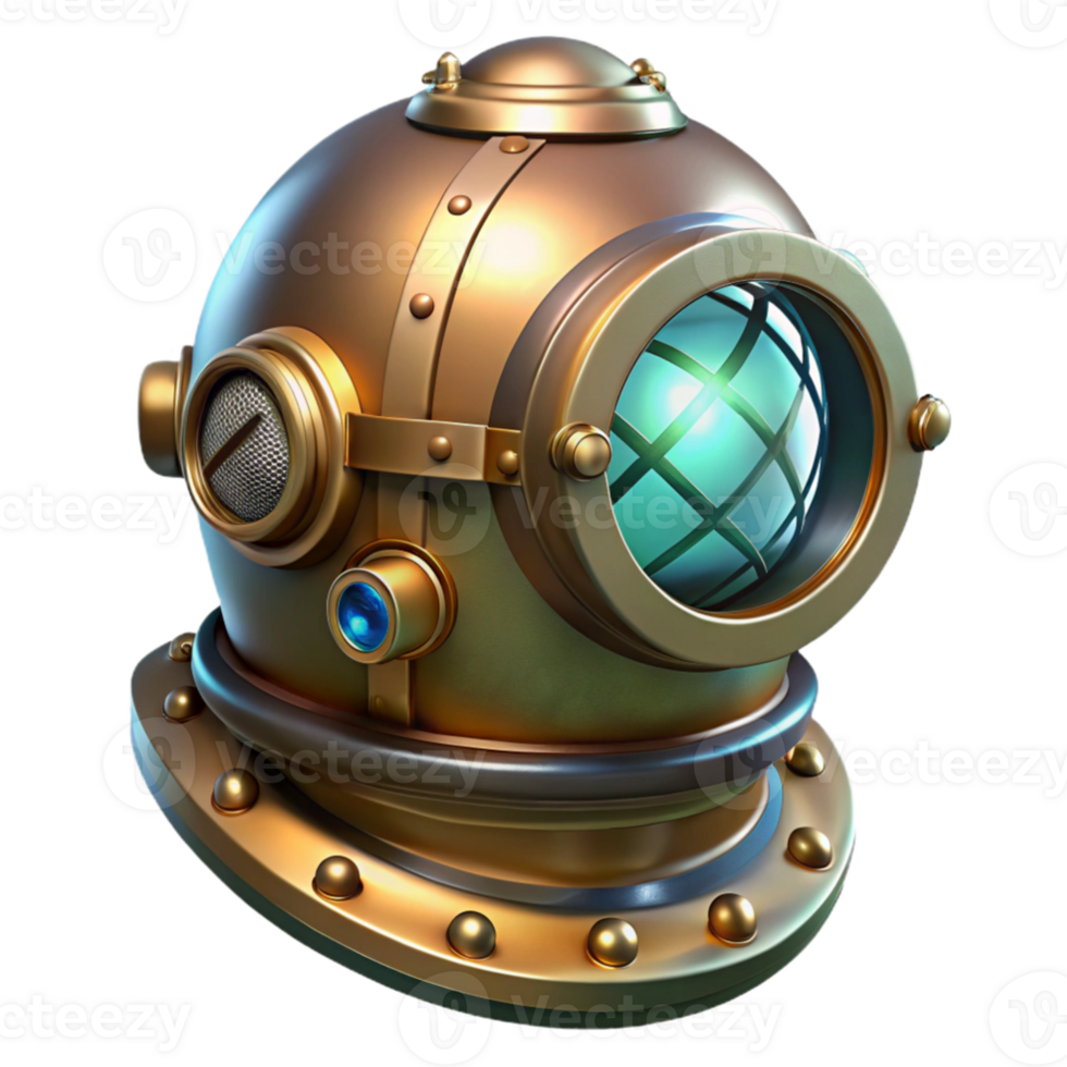 vibrant minimalist serene rustic A steampunk diver's helmet, its glass faceplate reflecting a mysterious underwater world, illuminated by a single beam of light high quality exclusive png