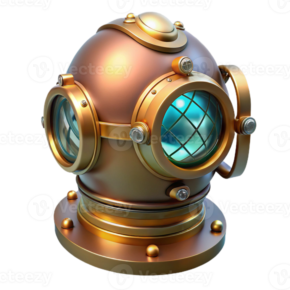 serene traditional magnificent minimalist A steampunk diver's helmet, its glass faceplate reflecting a mysterious underwater world, illuminated by a single beam of light original 4K png