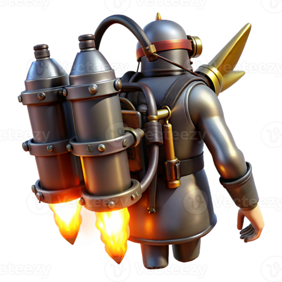 elegant artistic serene abstract A steampunk jetpack, adorned with brass nozzles and glowing turbines, strapped to a figure silhouetted against a fiery sunset professional professional png