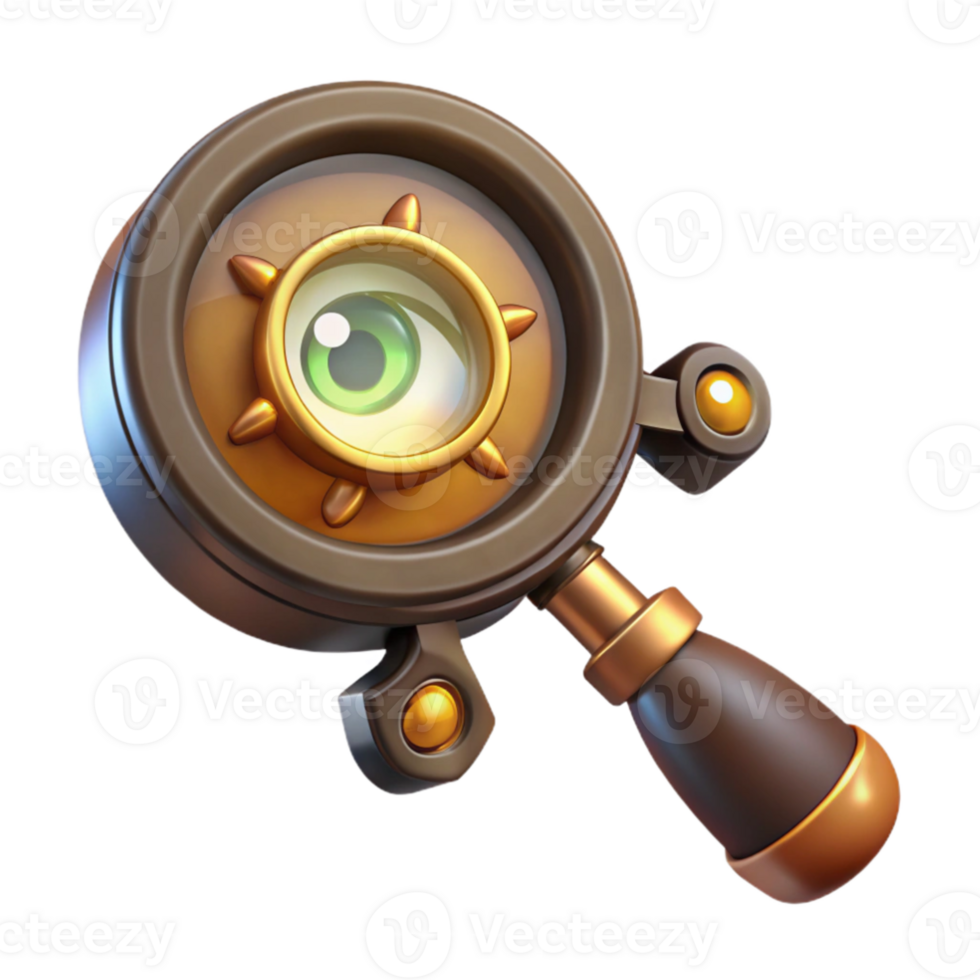stunning vintage elegant minimalist A steampunk monocle, with a magnifying glass and glowing runes, held up to an eye authentic professional png