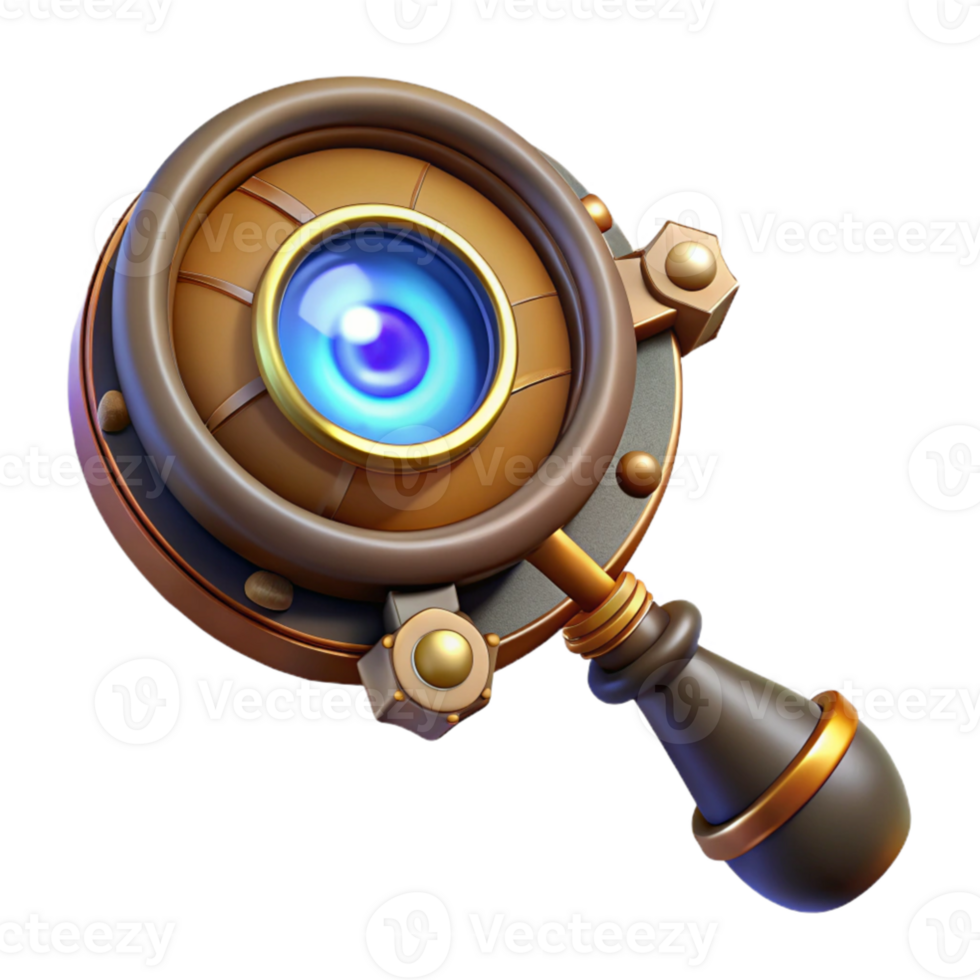 dramatic contemporary beautiful classic A steampunk monocle, with a magnifying glass and glowing runes, held up to an eye high quality exclusive png