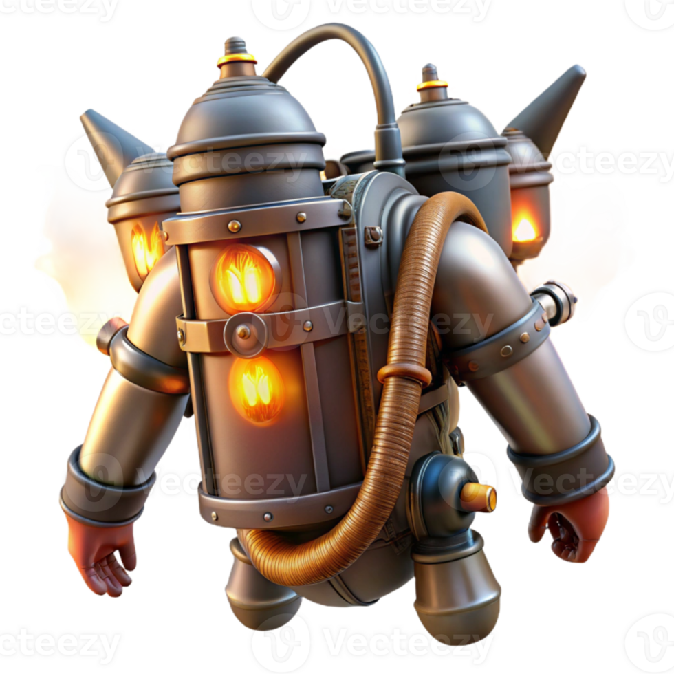 extraordinary vintage serene creative A steampunk jetpack, adorned with brass nozzles and glowing turbines, strapped to a figure silhouetted against a fiery sunset exclusive professional png