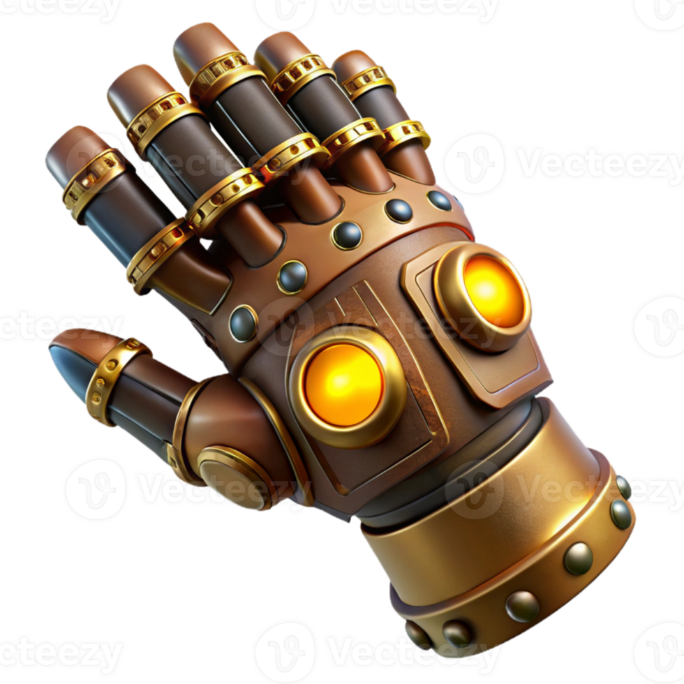 serene minimalist beautiful rustic A steampunk gauntlet, with articulated fingers and glowing energy emitters high quality premium png
