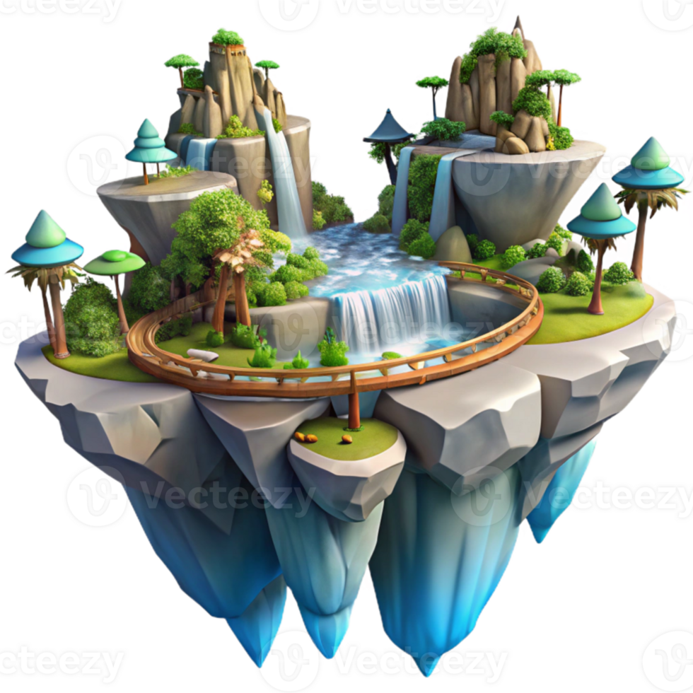 dramatic minimalist wonderful minimalist A floating island city, interconnected by intricate bridges, cascading waterfalls, vibrant tropical vegetation, fantasy art, bright daylight, detailed 4K png