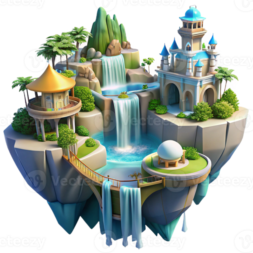 dramatic creative elegant classic A floating island city, interconnected by intricate bridges, cascading waterfalls, vibrant tropical vegetation, fantasy art, bright daylight, detailed exclusive png