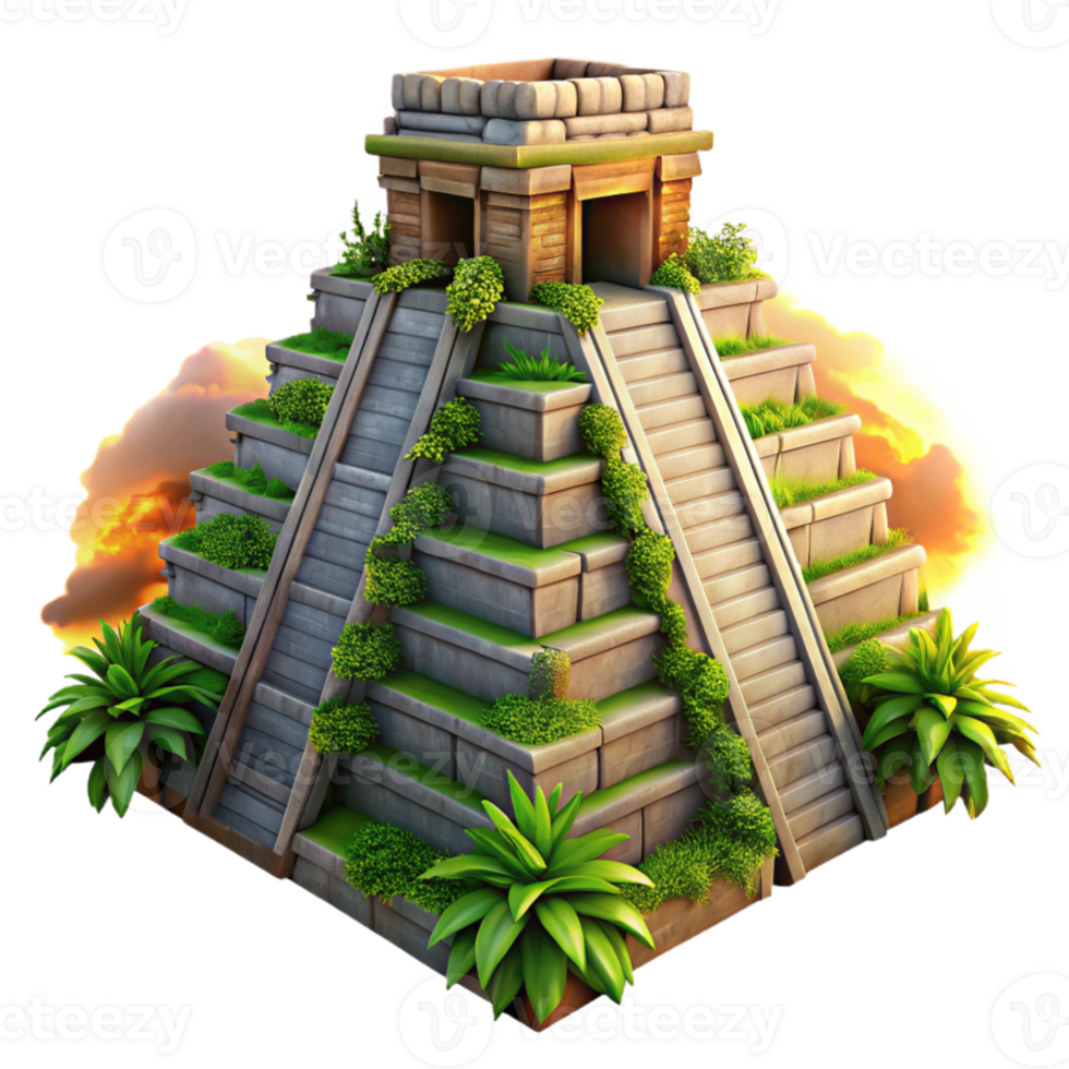 serene classic extraordinary contemporary An ancient Mayan pyramid, intricately carved stone, overgrown with jungle vines, dramatic sunset lighting, hyperrealistic, professional authentic png