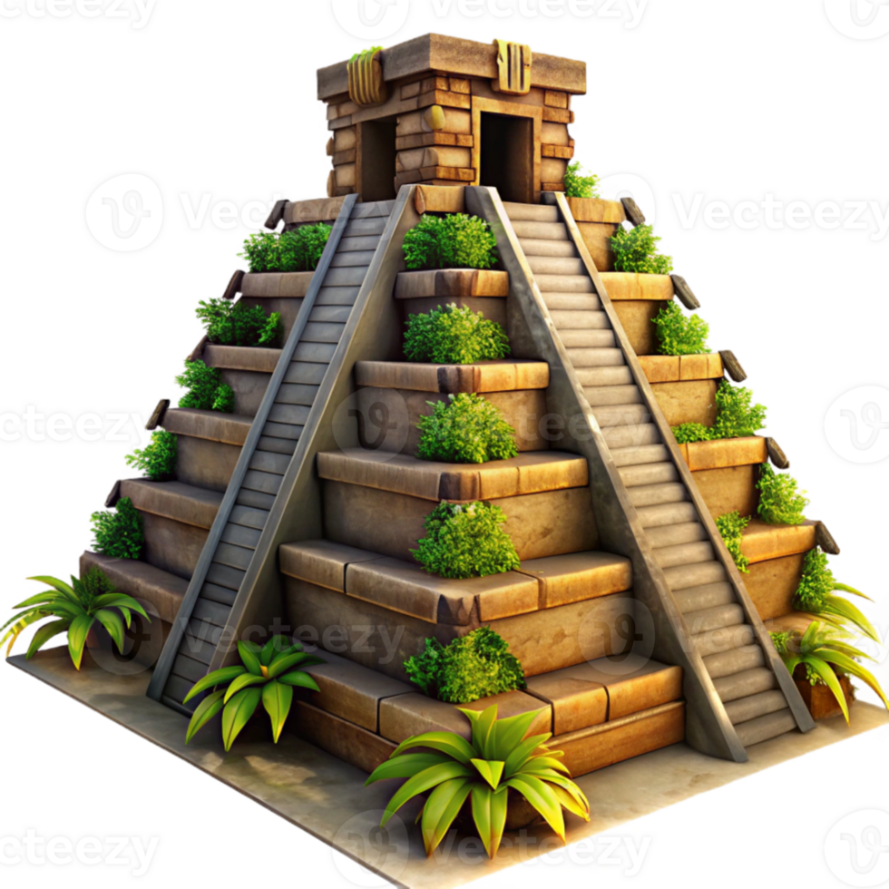vibrant traditional extraordinary rustic An ancient Mayan pyramid, intricately carved stone, overgrown with jungle vines, dramatic sunset lighting, hyperrealistic, professional premium png