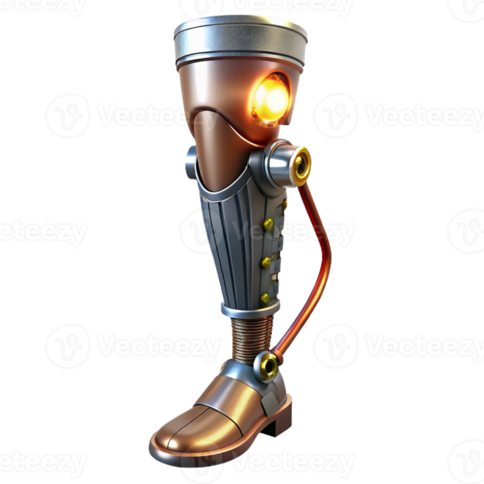 wonderful traditional impressive modern A steampunk prosthetic leg, crafted from polished metal and glowing wires exclusive original png
