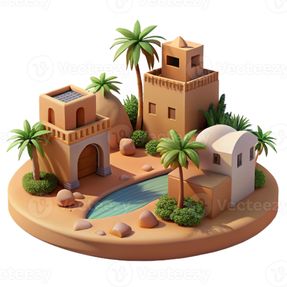 elegant abstract magnificent vintage A desert oasis village, earthen buildings, lush palm trees, warm midday sun, peaceful atmosphere, photographic style, detailed professional png