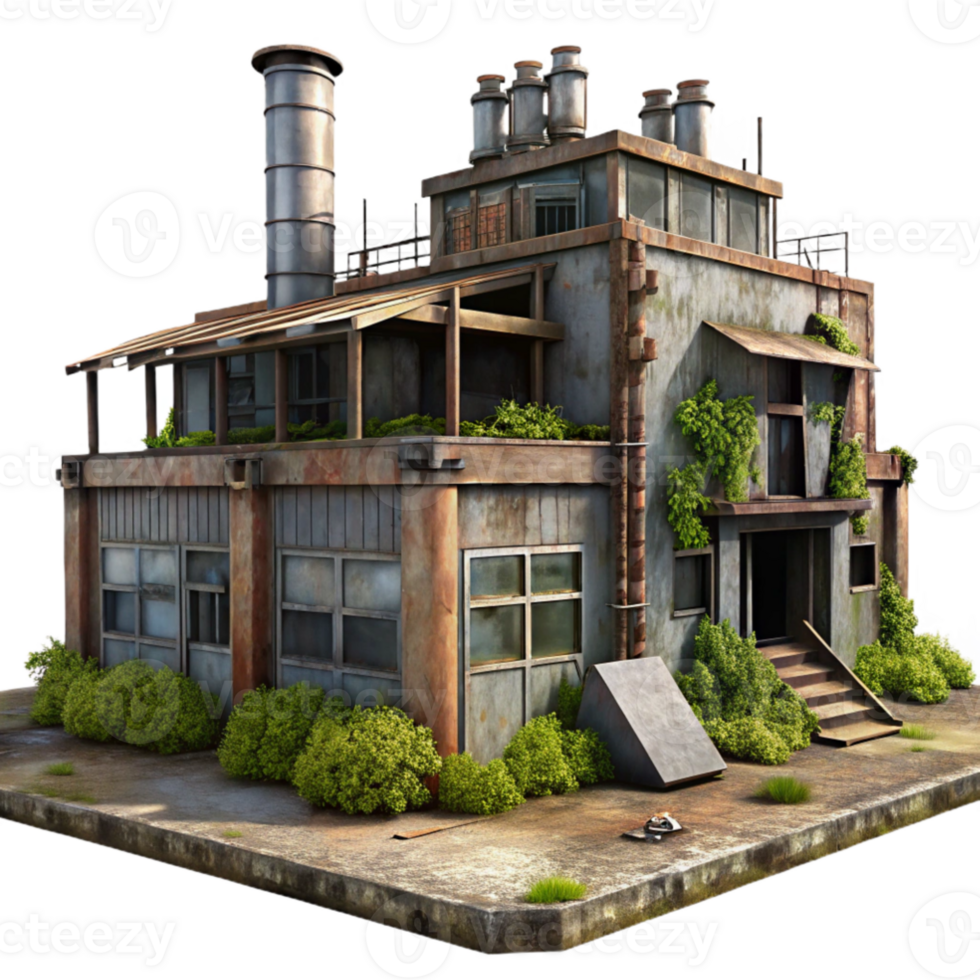 impressive creative beautiful contemporary An abandoned industrial complex, rusting metal, broken windows, overgrown with weeds, post-apocalyptic setting, gloomy lighting, original exclusive png
