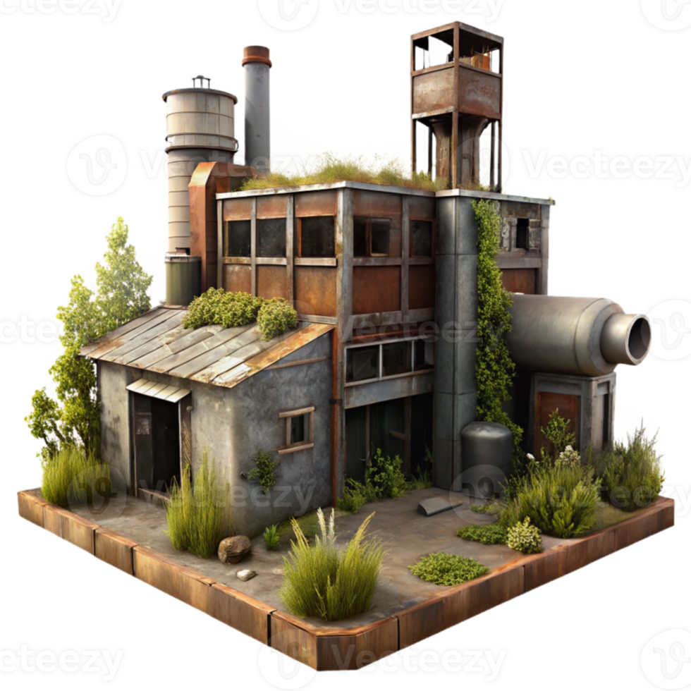 dramatic creative serene modern An abandoned industrial complex, rusting metal, broken windows, overgrown with weeds, post-apocalyptic setting, gloomy lighting, premium authentic png