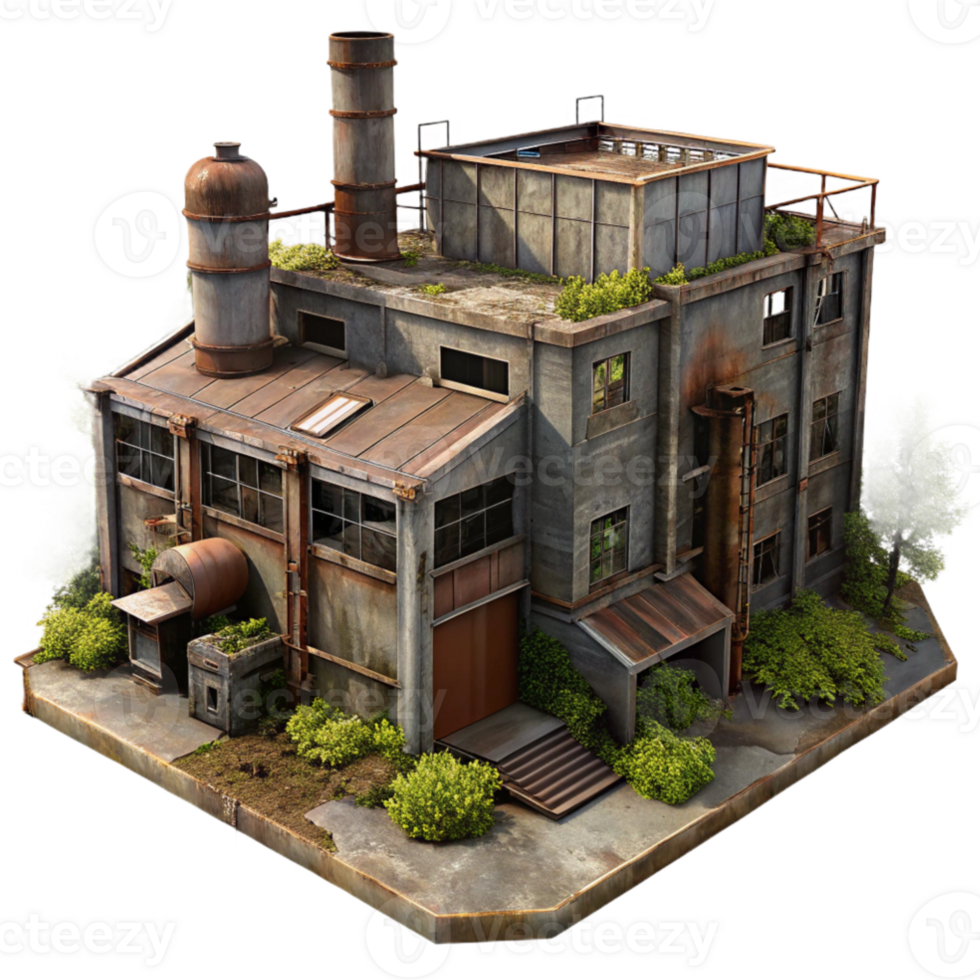 wonderful traditional elegant minimalist An abandoned industrial complex, rusting metal, broken windows, overgrown with weeds, post-apocalyptic setting, gloomy lighting, premium professional png