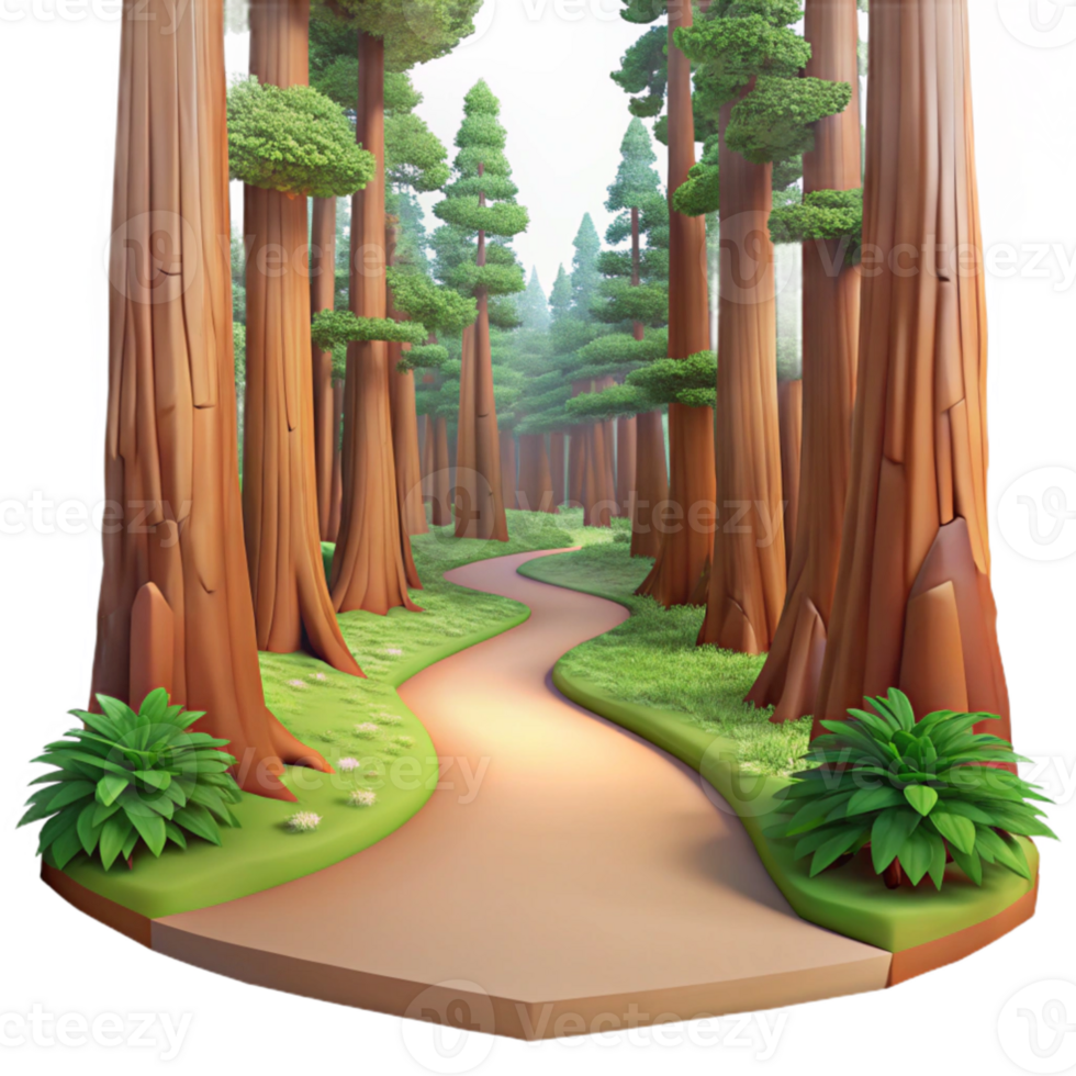 vibrant vintage vibrant abstract A winding path through a lush redwood forest, dappled sunlight, ethereal and dreamlike style premium high quality png