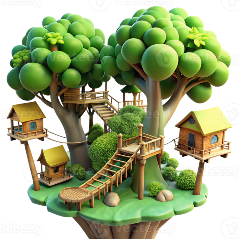 vibrant modern vibrant minimalist A treehouse village, interconnected by rope bridges, lush green foliage, dappled sunlight, whimsical style, digital art, genuine genuine png