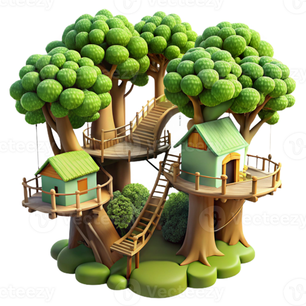 vibrant contemporary extraordinary rustic A treehouse village, interconnected by rope bridges, lush green foliage, dappled sunlight, whimsical style, digital art, genuine original png