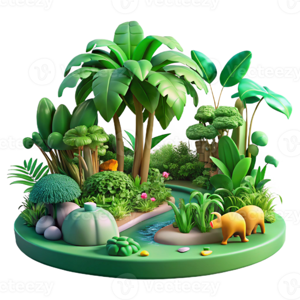 impressive abstract vibrant traditional A lush green jungle with exotic plants and animals, dappled sunlight, vibrant style high quality professional png
