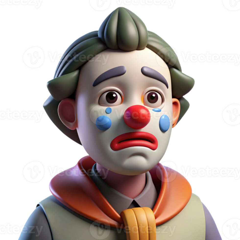 dramatic minimalist wonderful classic Portrait of a sorrowful clown with smeared makeup and a single tear rolling down their cheek, lit by a single dim spotlight exclusive high resolution png
