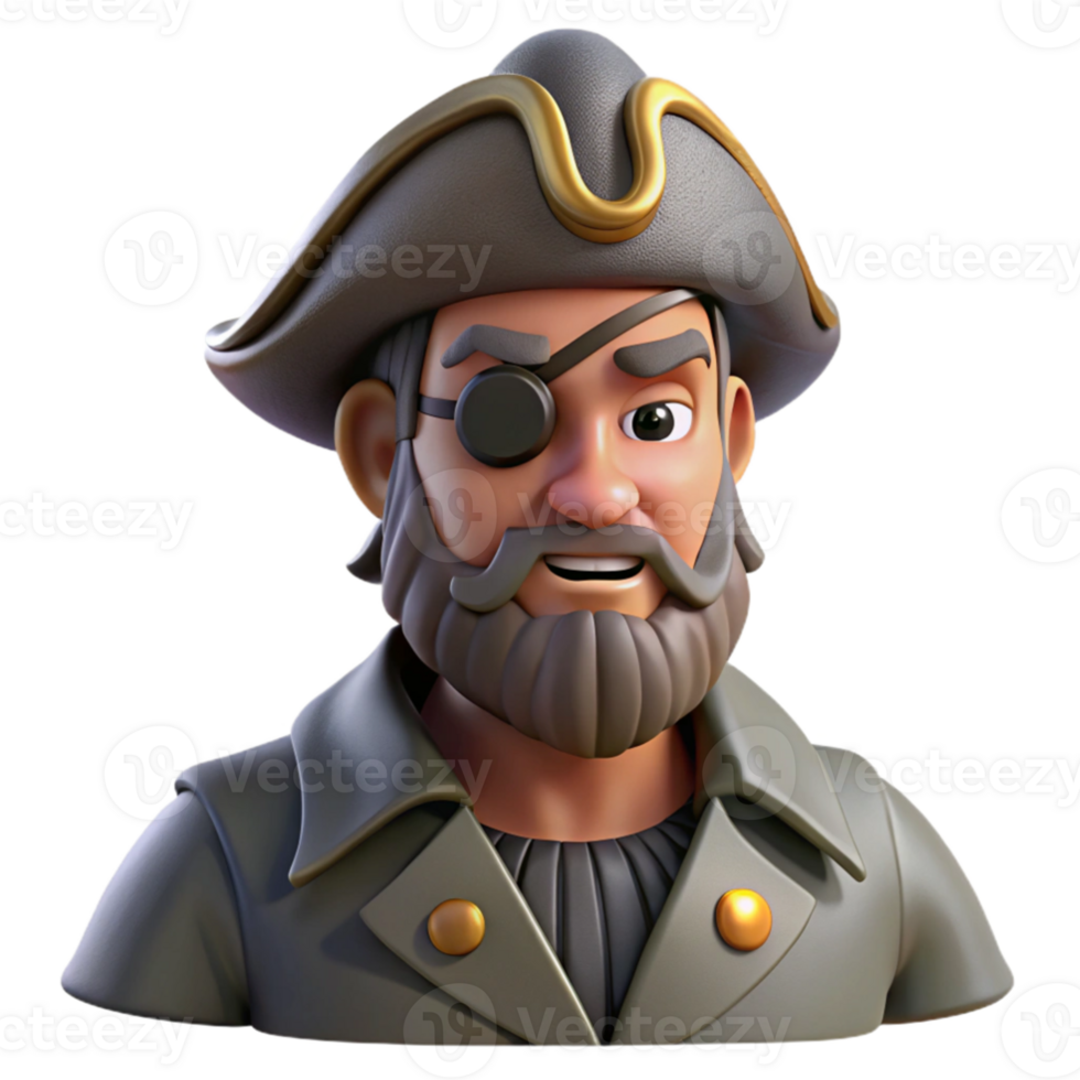 dramatic classic elegant modern Portrait of a grizzled pirate captain with a weathered face and an eye patch, a menacing grin, dramatic chiaroscuro lighting high resolution detailed png
