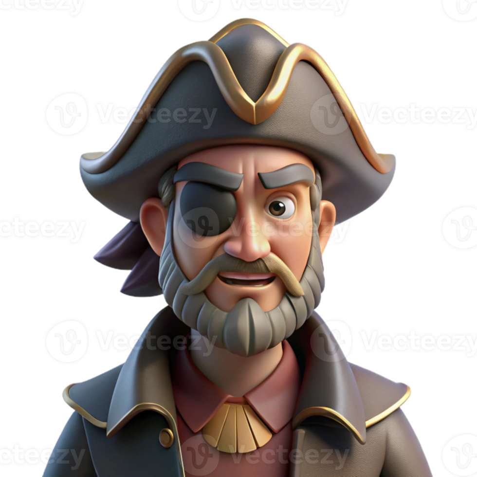 beautiful modern elegant classic Portrait of a grizzled pirate captain with a weathered face and an eye patch, a menacing grin, dramatic chiaroscuro lighting original premium png