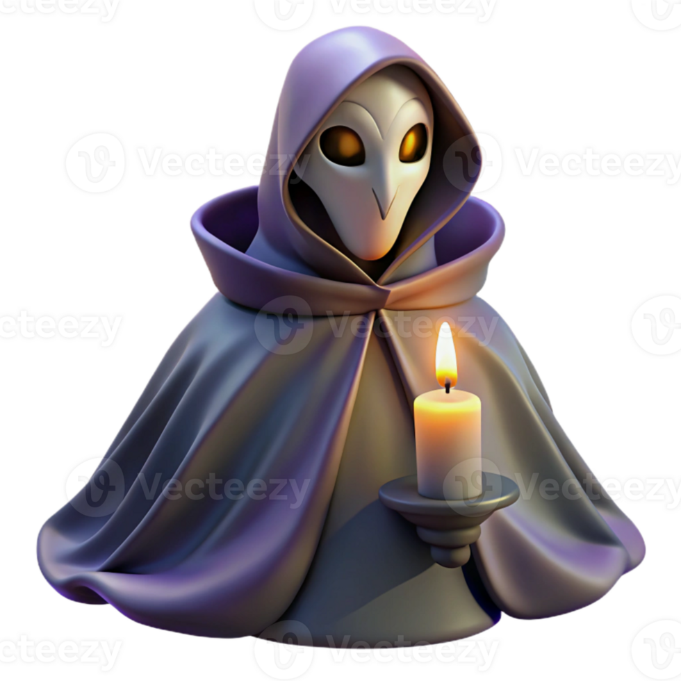 beautiful abstract impressive artistic Portrait of a mysterious masked figure in a long, flowing cloak, an enigmatic expression, lit by a single flickering candle high resolution genuine png
