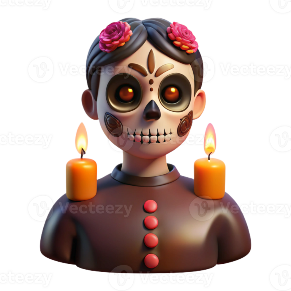 stunning creative magnificent traditional Portrait of a man with a traditional Day of the Dead sugar skull makeup, lit by the warm glow of candles authentic genuine png
