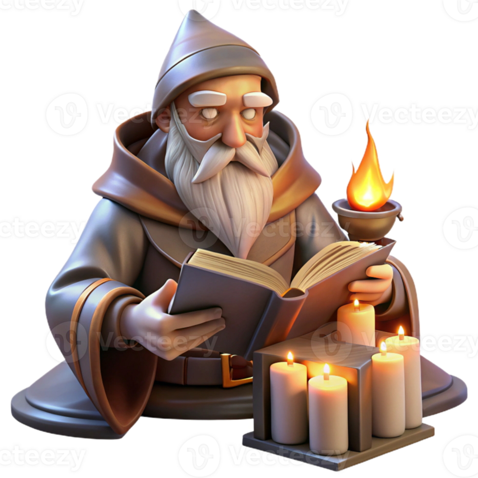 elegant minimalist impressive abstract A wise old wizard studying a glowing tome in his cluttered tower library, warm firelight, Donato Giancola style high resolution authentic png
