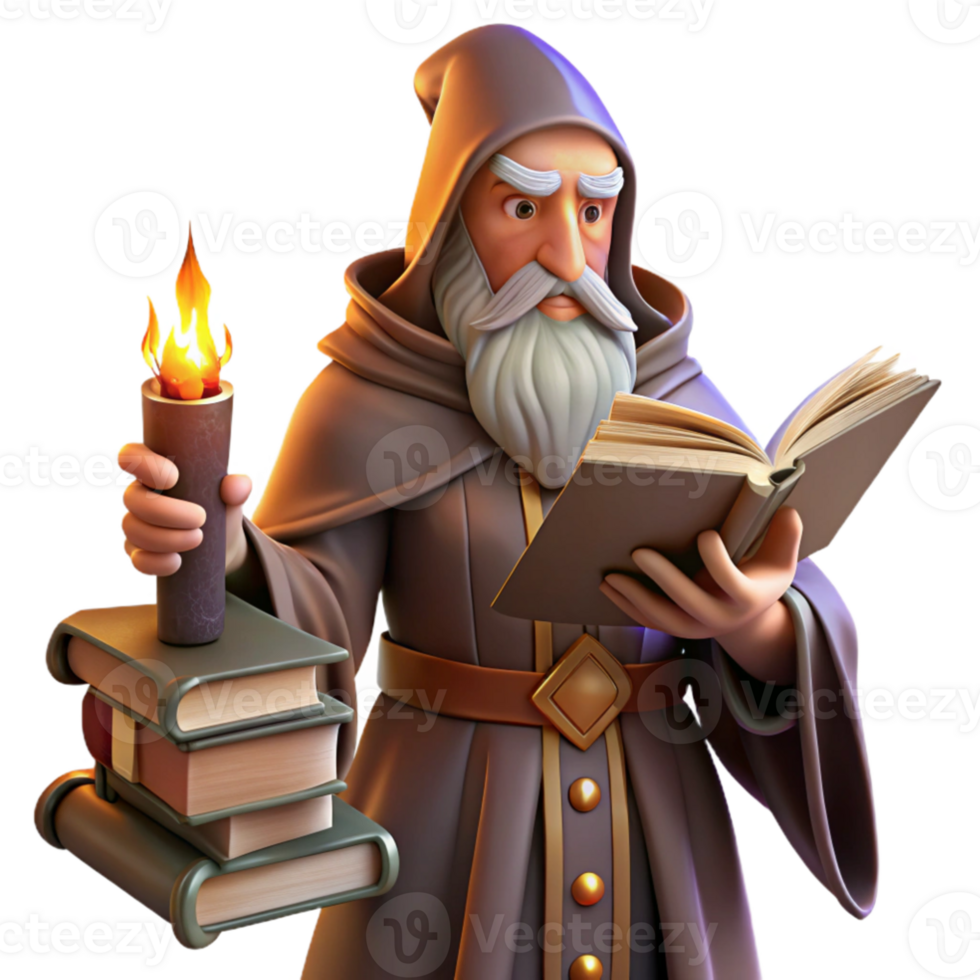 vibrant rustic beautiful artistic A wise old wizard studying a glowing tome in his cluttered tower library, warm firelight, Donato Giancola style premium high resolution png