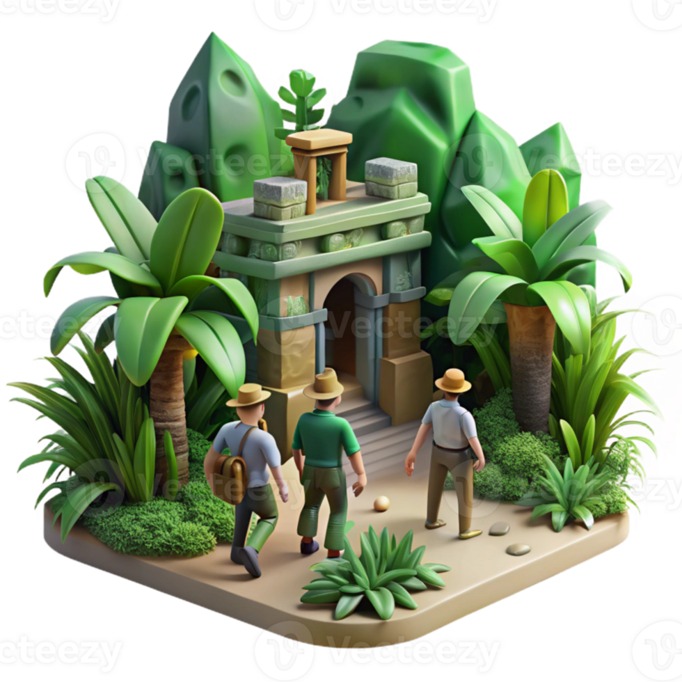 serene rustic wonderful modern A group of adventurers exploring a hidden temple overgrown with lush vegetation, soft natural lighting, Indiana Jones style high quality high resolution png
